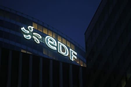 The logo of France's state-owned electricity company EDF is seen on the company tower at La Defense business and financial district in Courbevoie near Paris, France, March 2, 2016. REUTERS/Jacky Naegelen