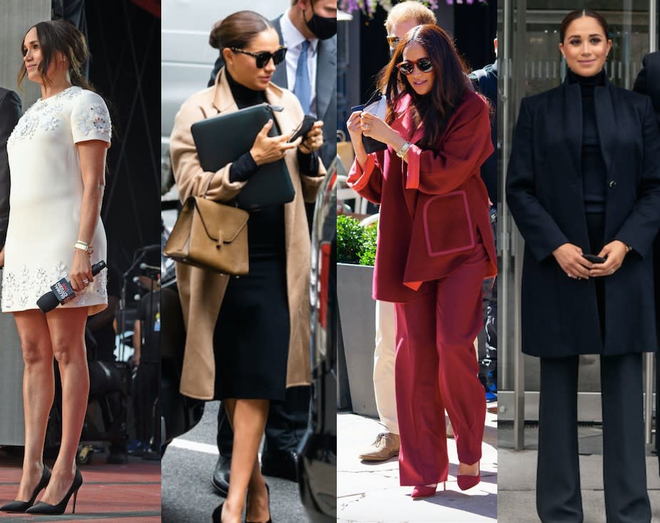 The Duke and Duchess of Sussex, Prince Harry and Meghan visit One World Observatory on 102nd floor of Freedom Tower of World Trade Center. (Getty Images)
Meghan, Duchess of Sussex, and Prince Harry, Duke of Sussex, are seen in Midtown on September 23, 2021 in New York City. (Getty Images)
Meghan Markle speaks onstage during Global Citizen Live, New York on September 25, 2021 in New York City.