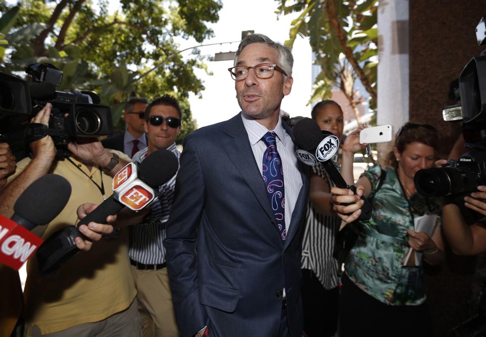 Steve Ballmer's lawyer, Adam Streisand, arrives at court in Los Angeles, California July 8, 2014. The $2 billion sale of the NBA's Los Angeles Clippers faces a key legal hurdle on Tuesday as the estranged husband and wife who own the franchise battle in court over control of the team. Shelly Sterling, 79, has asked a Los Angeles judge to confirm her as having sole authority to sell the pro basketball franchise to former Microsoft Corp chief executive Steve Ballmer at an NBA-record price after husband Donald Sterling vowed to block the deal. REUTERS/Lucy Nicholson (UNITED STATES - Tags: BUSINESS CRIME LAW SPORT BASKETBALL)