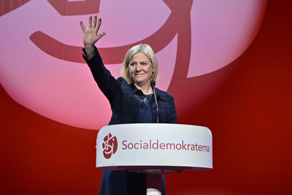 Sweden's Prime Minister and Social Democratic party leader Magdalena Andersson delivers a speech at the Social Democratic Party election watch at the Waterfront Conference Center in Stockholm, Sweden, late Sunday night, Sept. 11, 2022. An exit poll projected that Sweden’s ruling left-wing Social Democrats have won the most votes in a general election Sunday, while a right-wing populist party had its best showing yet. (Jonas Ekströmer/TT News Agency via AP)