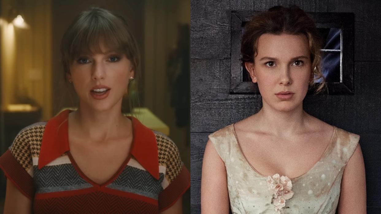  From left to right: Taylor Swift in the Anti-Hero music video and Millie Bobby Brown in Enola Holmes 2 