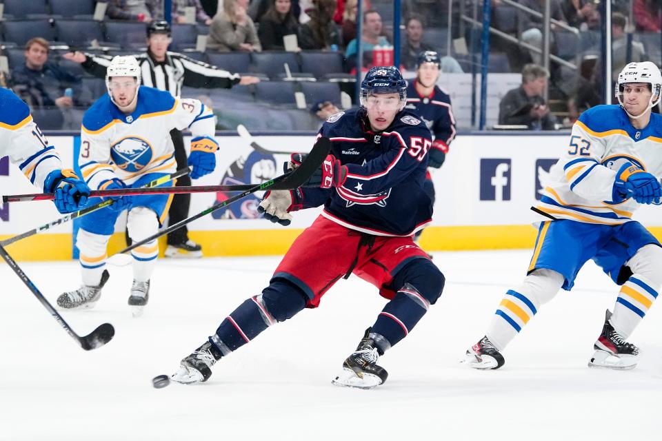 Blue Jackets defenseman David Jiricek loses control of the puck against the Sabres on Wednesday.