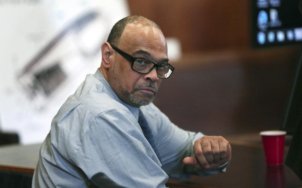 Shaun Harrison reacts as attorneys give closing arguments in his trial in Suffolk Superior Court in Boston, May 30, 2018. (Pat Greenhouse/The Boston Globe via AP, File)