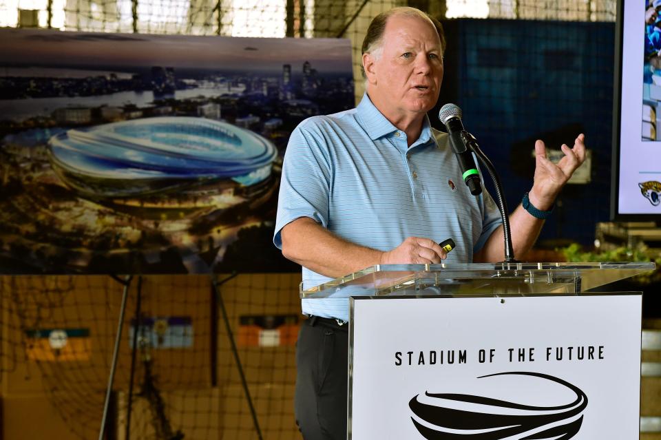 Jaguars President Mark Lamping gives a presentation about the team's proposed design for a renovated stadium that would cost roughly $1.3 billion to $1.4 billion. Lamping said negotiations between the team and the city also must include development next to the stadium that Jaguars owner Shad Khan wants to undertake.