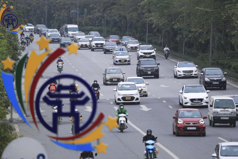 FILE - This photo shows traffic in Hanoi, Vietnam on Wednesday, March 29, 2023. President Joe Biden goes Sunday, Sept. 10, to a Vietnam that's looking to dramatically ramp up trade with the United States — a sign of how competition with China is reshaping relationships across Asia. (AP Photo/Hau Dinh, File)