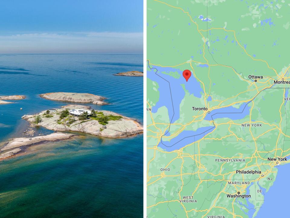 A collage of an aerial view of the islands and a Google Maps screen grab of the Georgian Bay area.