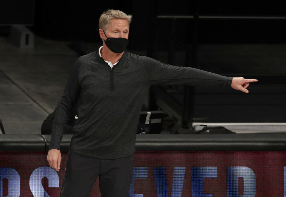 Head coach Steve Kerr of the Golden State Warriors in action against the Brooklyn Nets at Barclays Center on December 22, 2020 in New York City. The Nets defeated the Warriors 125-99. NOTE TO USER: User expressly acknowledges and agrees that, by downloading and/or using this photograph, user is consenting to the terms and conditions of the Getty Images License Agreement. (Photo by Jim McIsaac/Getty Images)