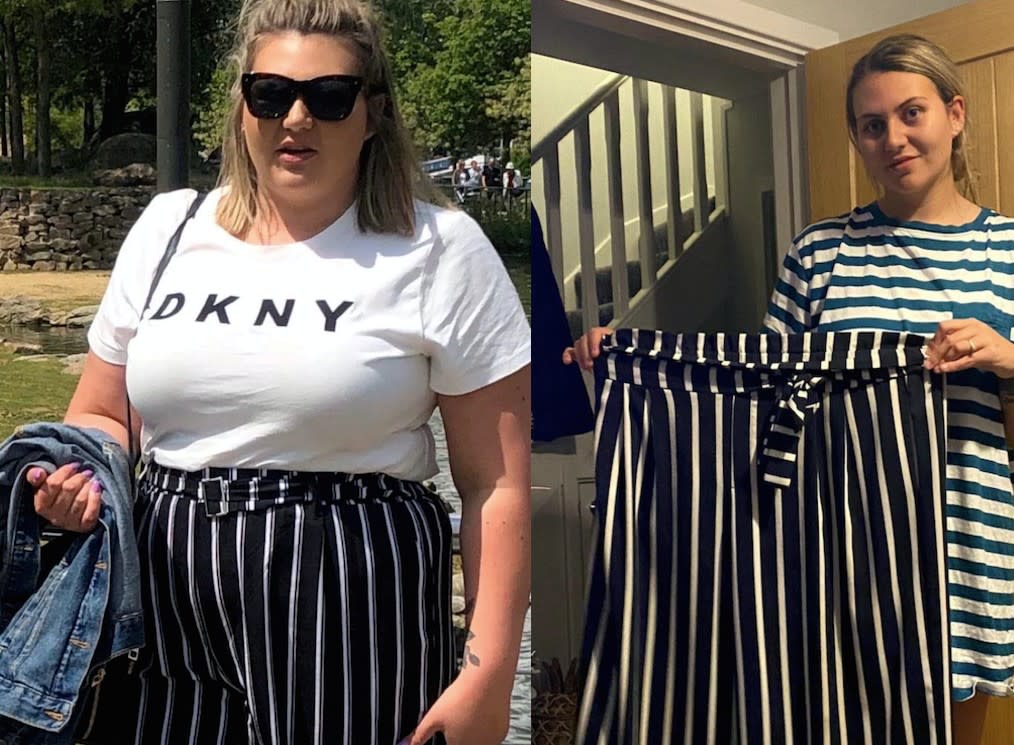 Poppy Stainsby before her weight loss (left) and afterwards (right). (SWNS)