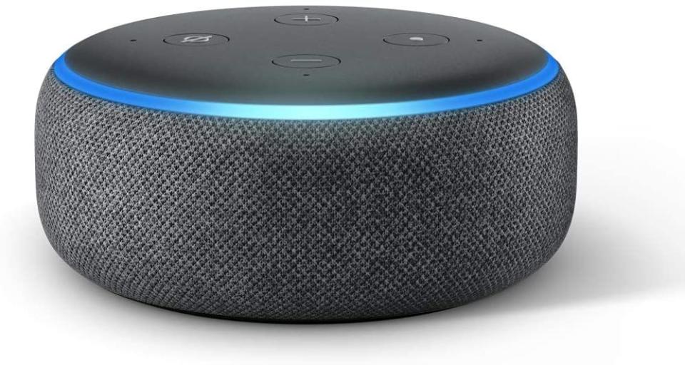 The black, grey and blue Echo Dot (3rd Gen) on a white background