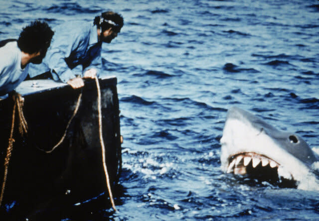 Richard Dreyfuss (L) and Robert Shaw holding ropes off a boat as a shark approaches.