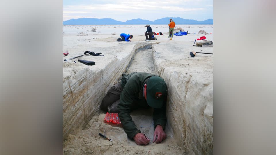 A trench at the study site with David Bustos, White Sands National Park's resource program manager, in the foreground. - National Park Service