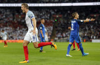 <p>England’s Eric Dier, left, celebrates after scoring his side’s first goal during the World Cup Group F qualifying soccer match between England and Slovakia at the Wembley stadium in London, Great Britain, Monday, Sept. 4, 2017. (AP Photo/Frank Augstein) </p>