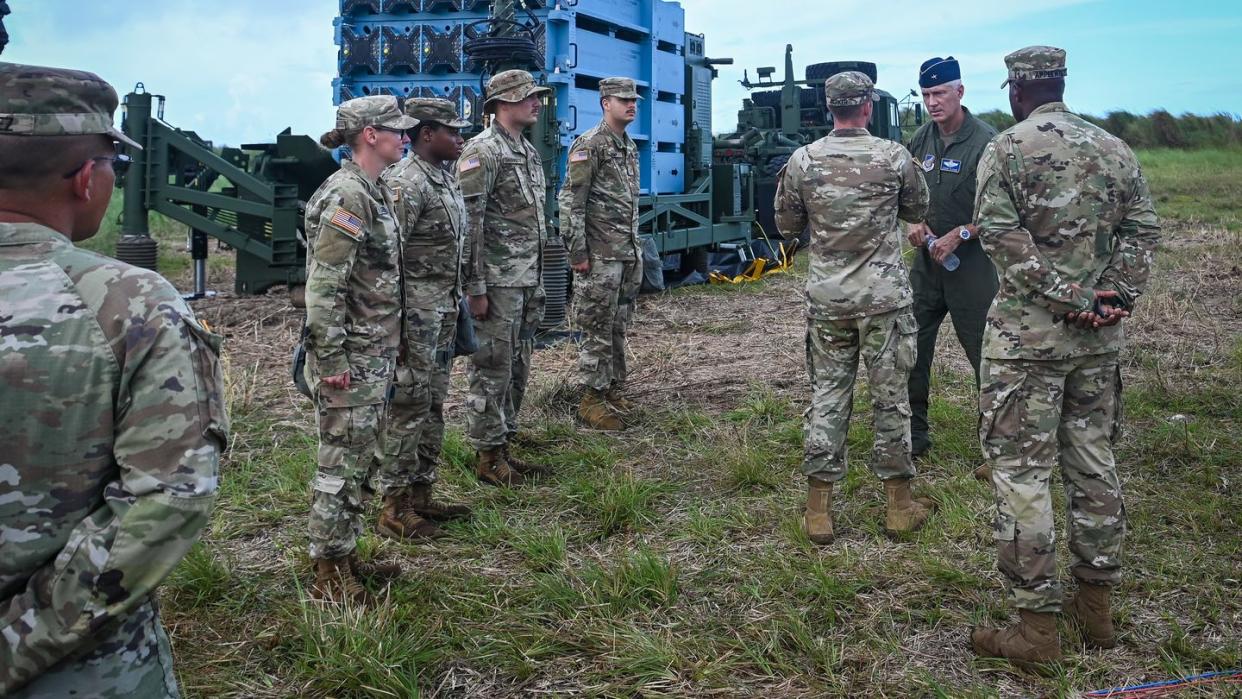 us air force brig gen jeremy sloane, commander of the 36th wing, meets with us army soldiers assigned to the 38th air defense artillery brigade, during operation iron island at site armadillo, nov 17, 2021 the purpose of operation iron island is to the iron dome, an effective, truck towed, multi mission mobile air defense system developed by rafael advanced defense systems nbspthe system was deployed by the israeli air force in march 2011 to defend against rockets and short range missiles us air force photo by staff sgt divine cox