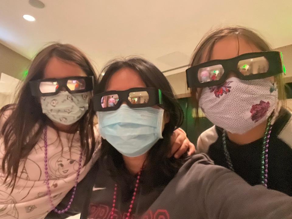 It's hard to tell, but we were smiling under our 3D glasses and masks at Race Through New York Starring Jimmy Fallon at Universal Studios Florida.