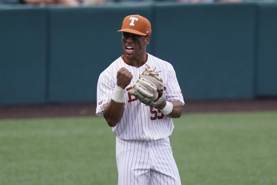 Texas third baseman Camryn Williams celebrates an out against Southern during the eighth inning of an NCAA regional tournament college baseball game, Friday, June 4, 2021, in Austin, Texas. (AP Photo/Eric Gay)