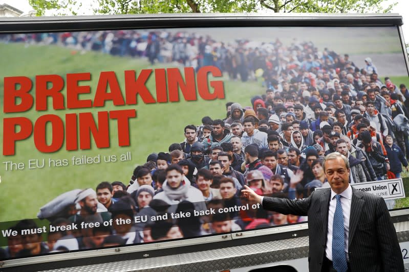 Leader of the United Kingdom Independence Party Farage poses during a media launch for an EU referendum poster in London