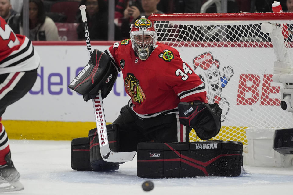 Chicago Blackhawks goaltender Petr Mrazek watches the puck go wide during the first period of an NHL hockey game against the Minnesota Wild, Wednesday, Feb. 7, 2024, in Chicago. (AP Photo/Erin Hooley)