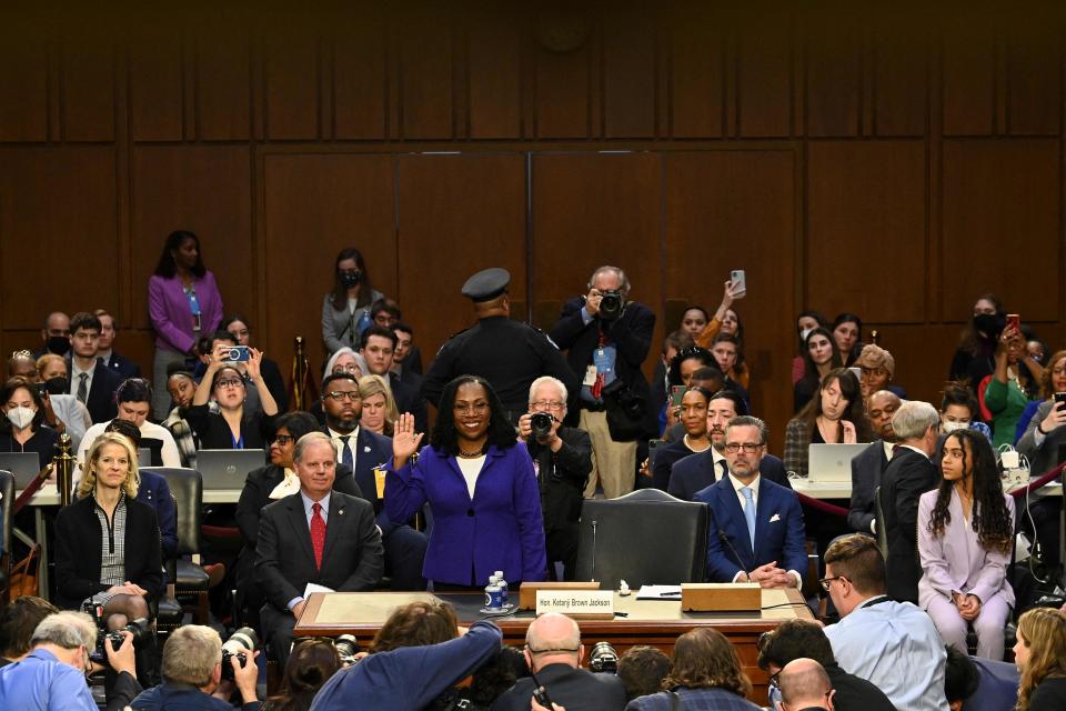 Supreme Court nominee Judge Ketanji Brown Jackson is sworn in during her Senate Judiciary confirmation hearing in Washington, DC, on March 21, 2022.