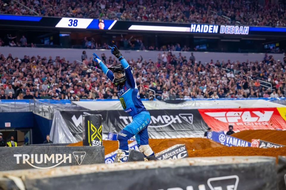 haiden deegan jumps through the air after ghost riding his yamaha at arlington