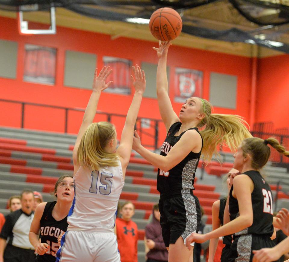 ROCORI's Jada Bierschbach floats a shot for a basket as ROCORI battles Sartell at ROCORI High School on Tuesday, Jan. 25, 2022. 