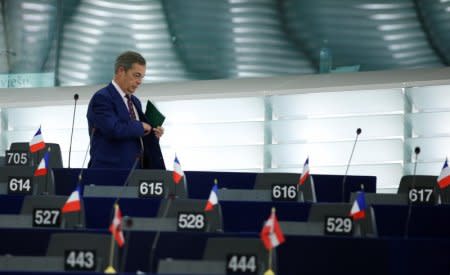 Brexit campaigner and Member of the European Parliament Nigel Farage arrives to attend a debate on the last European summit, at the European Parliament in Strasbourg, France, October 24, 2018. REUTERS/Vincent Kessler