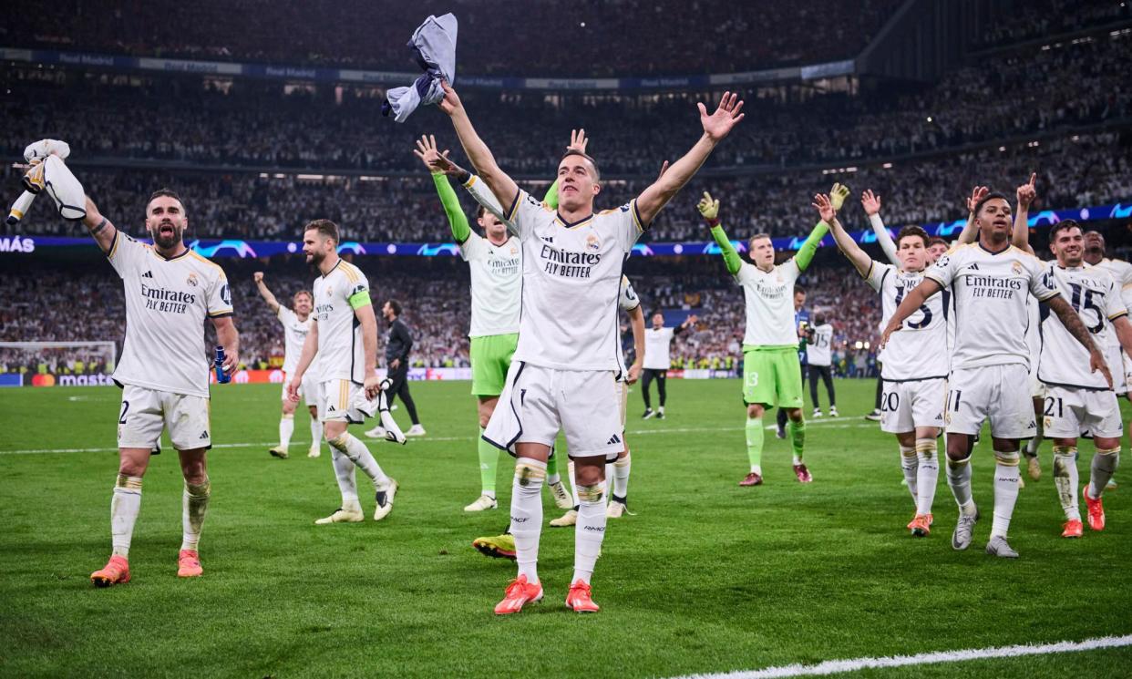 <span>Real Madrid celebrate after two goals in 164 seconds by the former Stoke City striker Joselu stunned Bayern Munich and booked their place in the Champions League final against Borussia Dortmund.</span><span>Photograph: Ag LOF/Sports Press Photo/SPP/Shutterstock</span>
