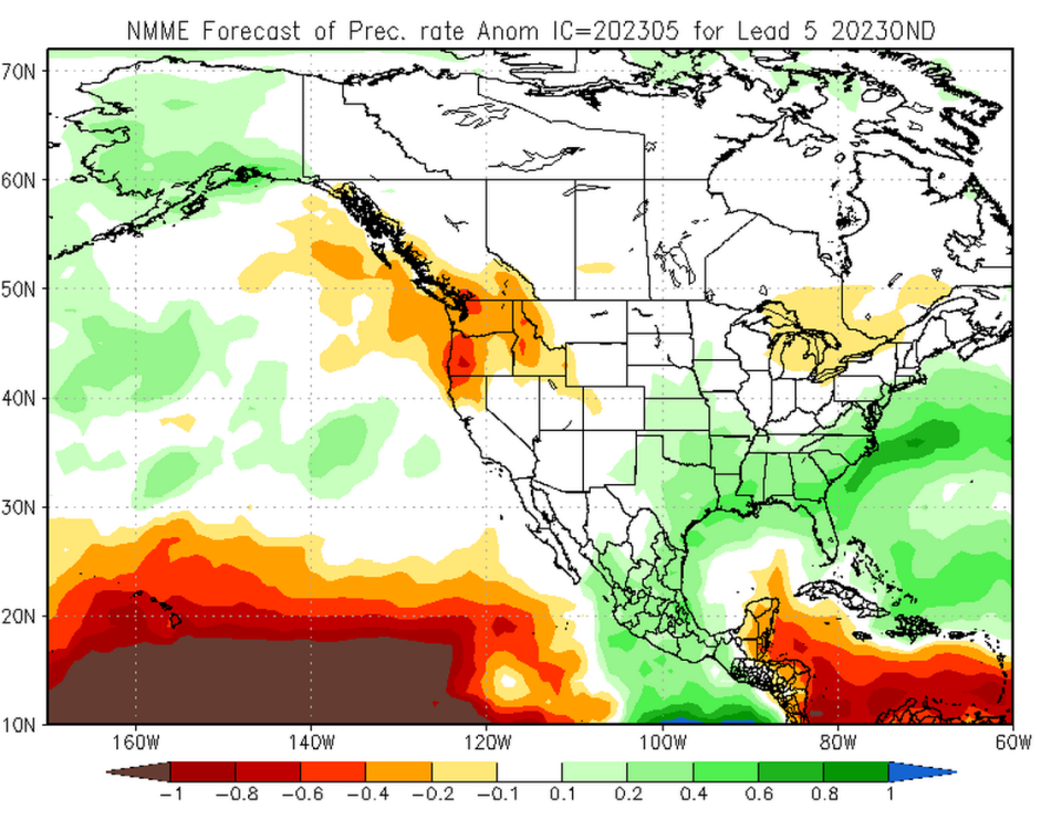 Precipitation forecast for October-November-December 2023 from the North American Multi-Model Ensemble (NMME) prediction system.  The figure shows departures from the 1991 to 2020 period. The left of the legend shows precipitation forecasts that are below average, while the right of the legend shows forecasts above average.