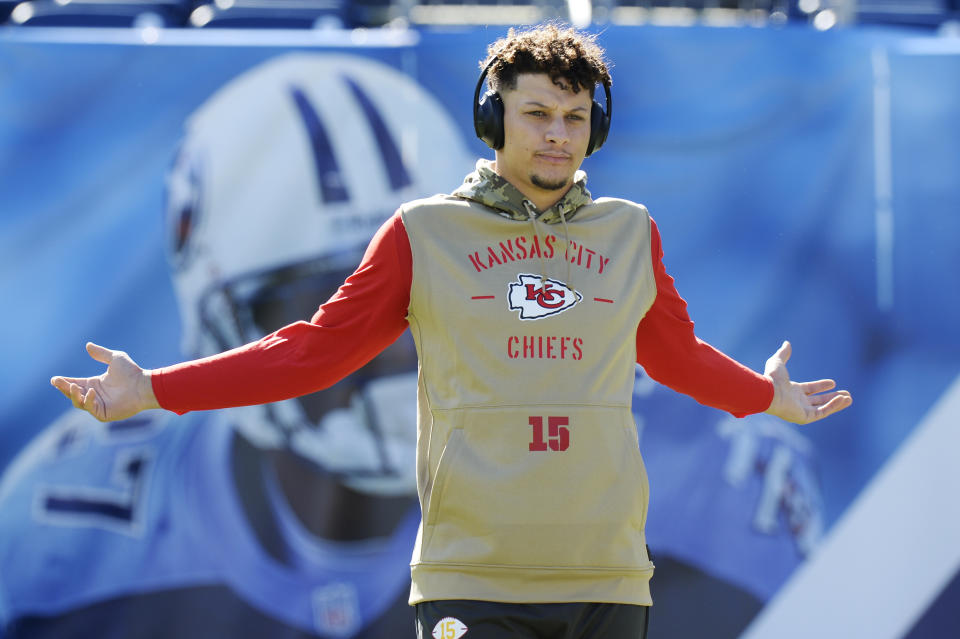 Kansas City Chiefs quarterback Patrick Mahomes warms up before an NFL football game against the Tennessee Titans Sunday, Nov. 10, 2019, in Nashville, Tenn. (AP Photo/Mark Zaleski)