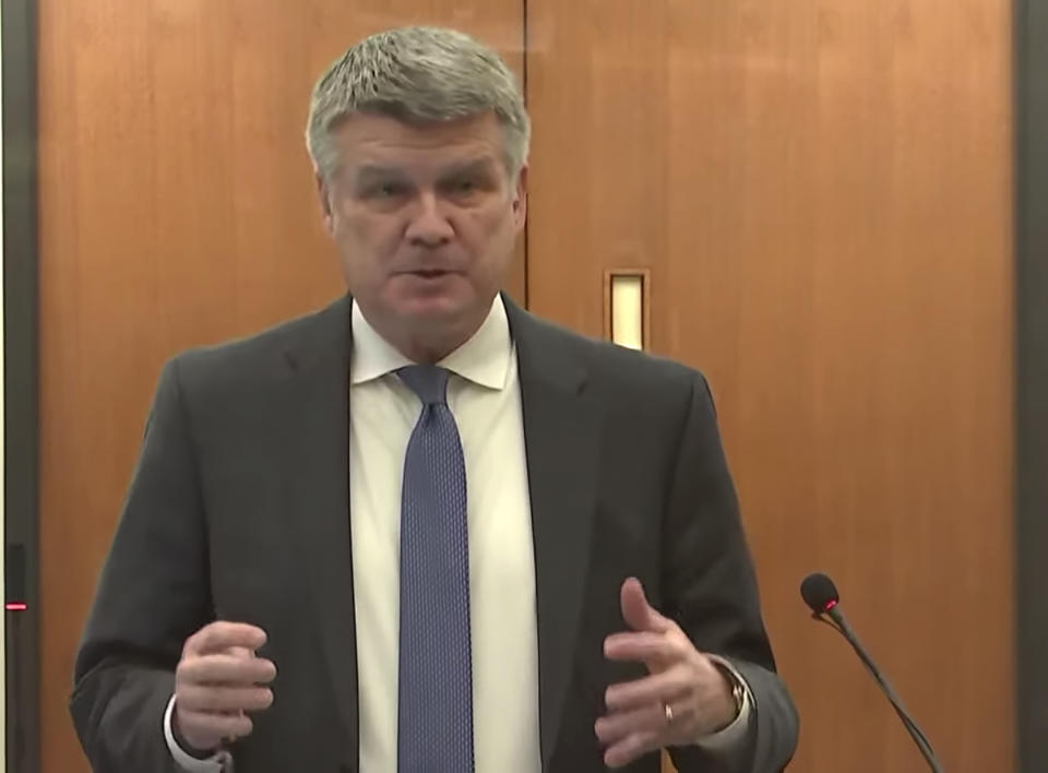 In this screen grab from video, Assistant Minnesota Attorney General Matthew Frank speaks as Hennepin County Judge Regina Chu presides over motions before court Tuesday, Dec. 14, 2021, in the trial of former Brooklyn Center police Officer Kim Potter in the April 11, 2021, death of Daunte Wright, at the Hennepin County Courthouse in Minneapolis, Minn. (Court TV via AP, Pool)