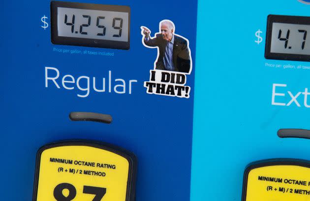 An Arlington, Virginia, gas pump displays recent fuel prices, along with a sticker of Biden. Republicans are eager to pin the blame on the president for rising gas prices. (Photo: SAUL LOEB via Getty Images)