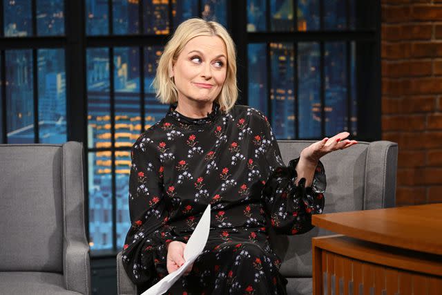 <p>Paula Lobo/NBC via Getty</p> Amy Poehler on "Late Night with Seth Meyers" in December.