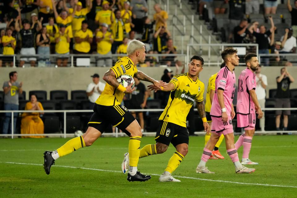 Aug 13, 2024; Columbus, Ohio, USA; Columbus Crew forward Cucho Hernandez (9) celebrates a goal by forward Christian Ramirez (17) during the second half of the Leagues Cup round of 16 game against Inter Miami CF at Lower.com Field. The Crew won 3-2.