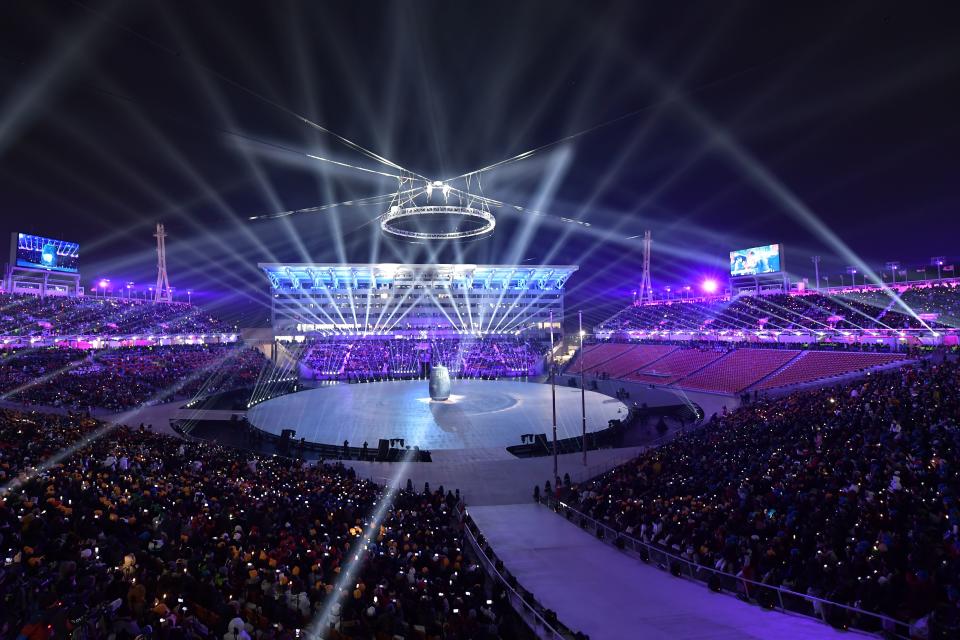 <p>The Bell of Peace (C) is seen as the opening ceremony of the Pyeongchang 2018 Winter Olympic Games begins at the Pyeongchang Stadium on February 9, 2018. / AFP PHOTO / ARIS MESSINIS (Photo credit should read ARIS MESSINIS/AFP/Getty Images) </p>