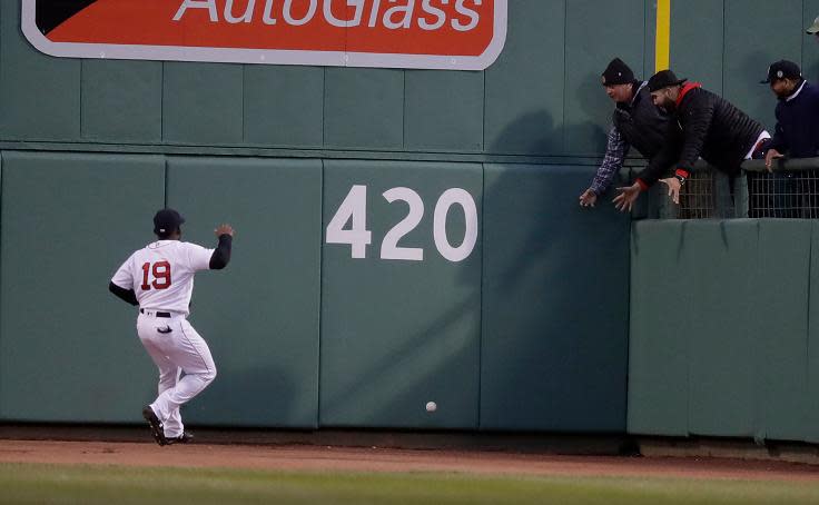 Red Sox center fielder Jackie Bradley Jr. had a moment to forget Saturday, turning a Denard Span single into an inside-the-park home run with his misplay. (AP)