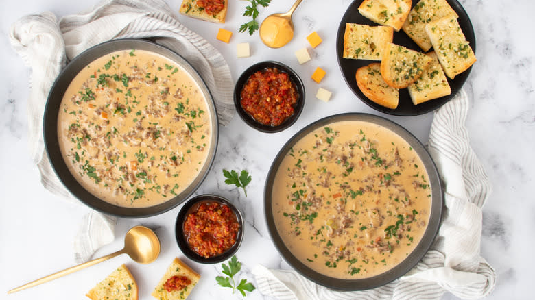 bowls of cheesesteak soup