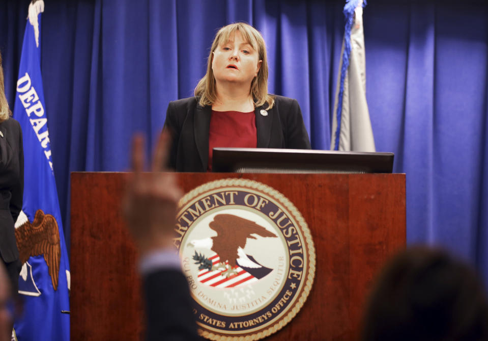 United States Attorney Tracy Wilkison announces a criminal complaint being filed against a North Korean national accused in a series of destructive cyberattacks around the world, at a news conference in Los Angeles Thursday, Sept. 6, 2018. The complaint alleges Park Jin Hyok, computer programmer accused of working at the behest of the North Korean government, was charged Thursday in connection with several high-profile cyberattacks, including the Sony Pictures Entertainment hack and the WannaCry ransomware virus that affected hundreds of thousands of computers worldwide. (AP Photo/Reed Saxon)