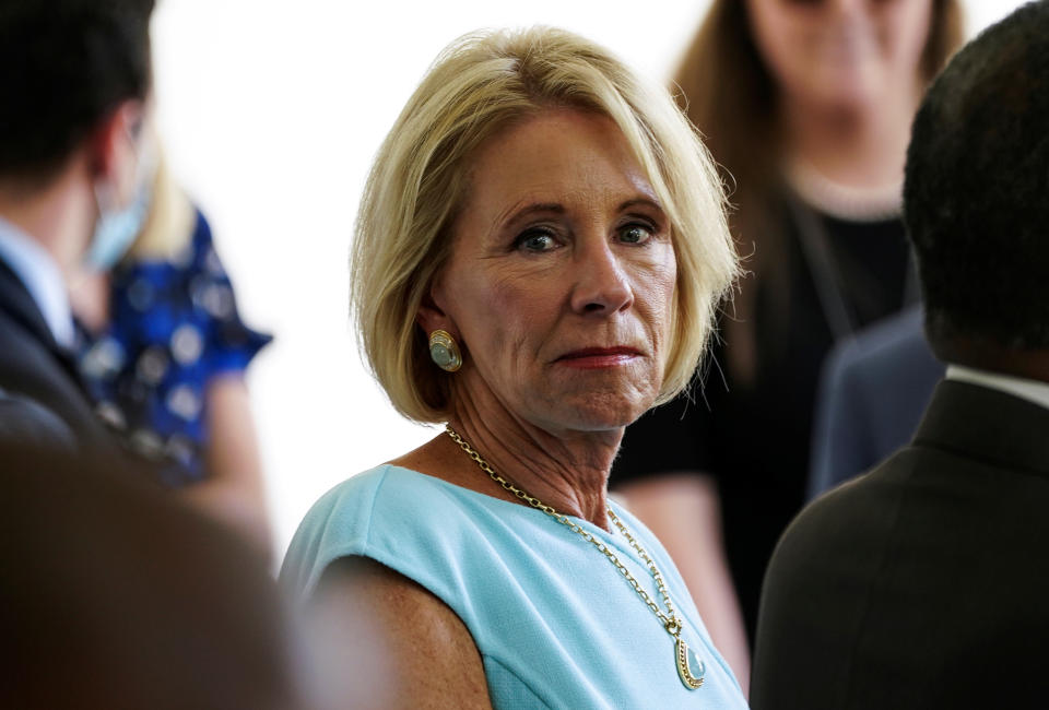 U.S. Education Secretary Betsy Devos attends a signing ceremony for the White House Hispanic Prosperity Initiative in the Rose Garden at the White House in Washington, U.S., July 9, 2020. REUTERS/Kevin Lamarque