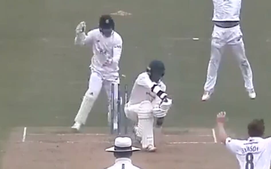 The moment Lewis McManus stumped Hassan Azad with his left hand while holding the ball in his right  - Leicestershire County Cricket Club