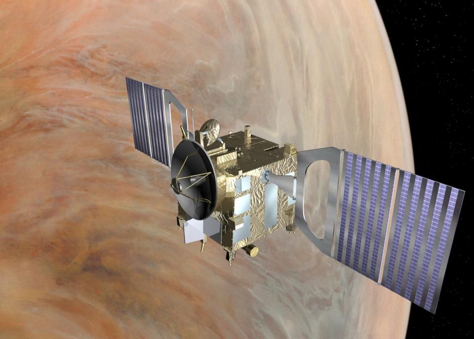 An artist's impression of the European Space Agency's Venus Express spacecraft near the planet.