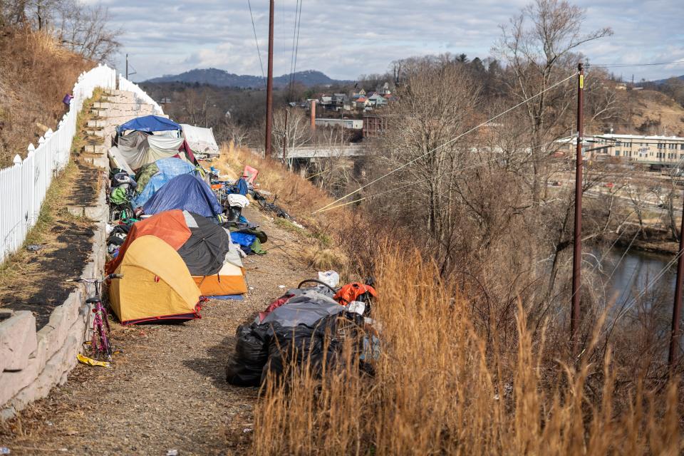 An encampment along the French Broad River in Asheville, December 28, 2021.