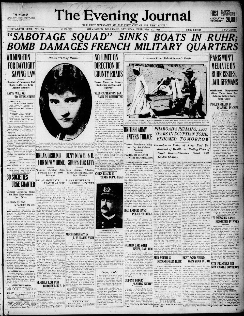Front page of The Evening Journal from Feb. 17, 1923.