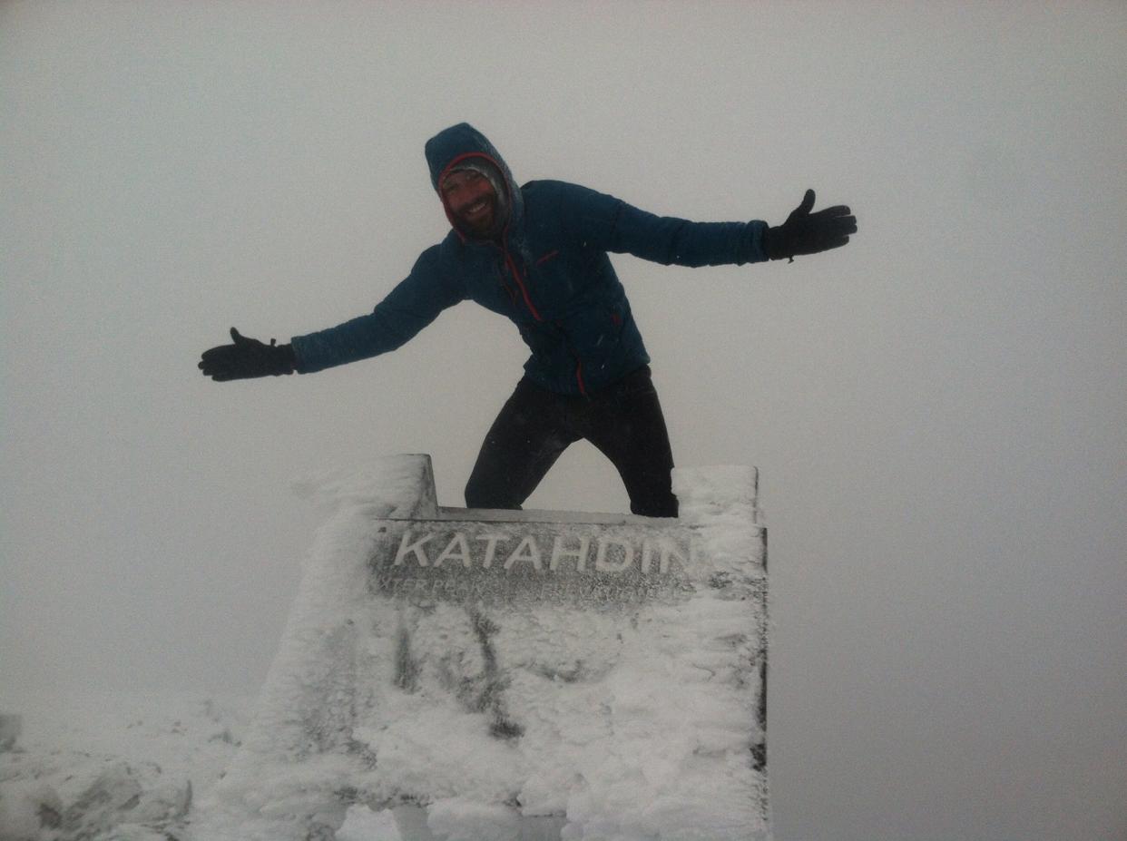 Brent Borgemeister at the summit of Mt. Katahdin in Maine, the northern terminus of the Appalachian Trail. Borgemeister hiked the entirety of the trail in 2016.