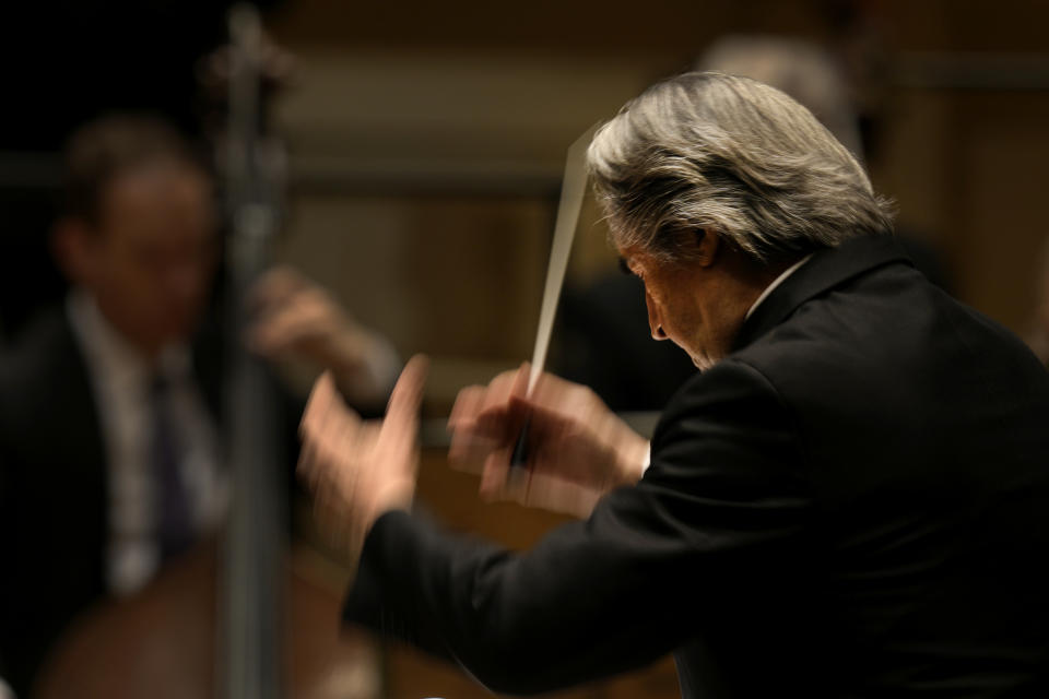 Riccardo Muti, musical director of the Chicago Symphony Orchestra energetically conducts the orchestra and chorus in Beethoven's "Missa Solemnis" in D Major, Op. 123, Sunday, June 25, 2023, in Chicago. Sunday marked the last performance by Muti, 81, in Orchestra Hall during his 13 year tenure. (AP Photo/Charles Rex Arbogast)