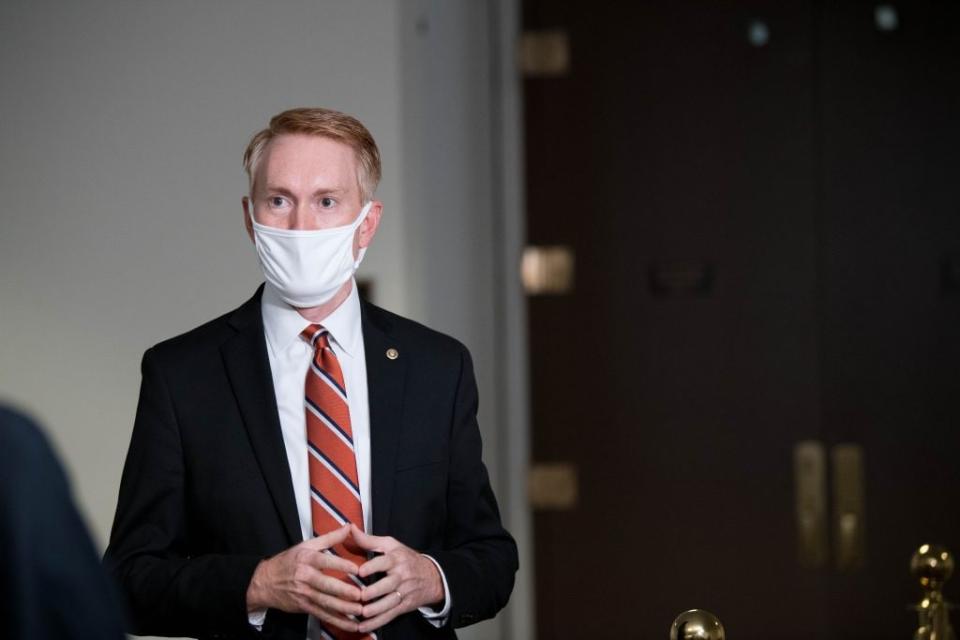 Sen. James Lankford (R-OK) listens to a reporters question prior to entering a closed luncheon meeting in the Hart Senate Building on Capitol Hill on September 24, 2020 in Washington, DC. Senate Republicans plan to vote to nominate a new Supreme Court Justice before the end of the year. (Photo by Liz Lynch/Getty Images)