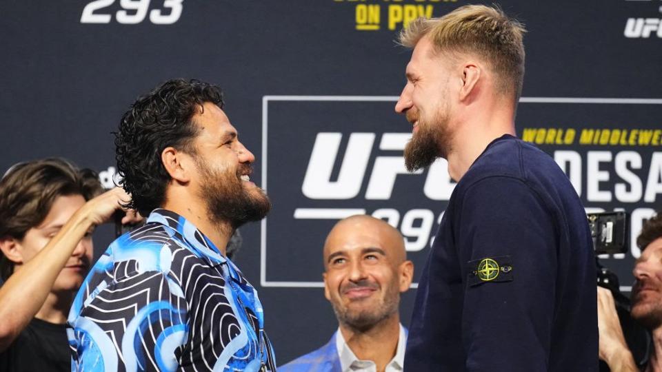 Tai Tuivasa and Alexander Volkov face off before their fight at UFC 293 in Sydney, Australia