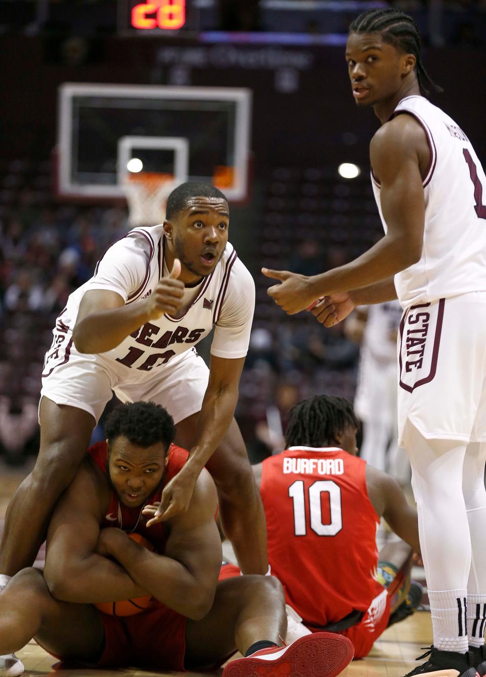 The Missouri State Bears Damie Mayo Jr. looks for a jump ball call against Illinois State University at Great Southern Bank Arena on January 20th 2024.