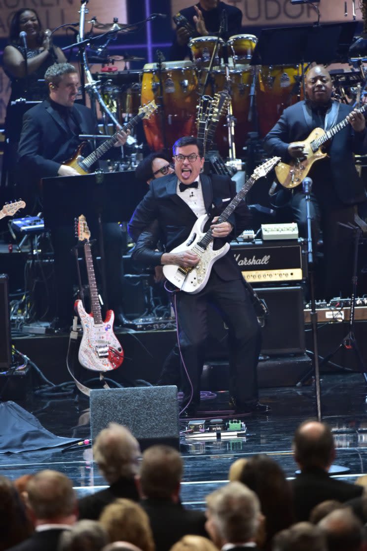 Steve Vai and Stephen Colbert (Credit: Jeffrey R. Staab/CBS )