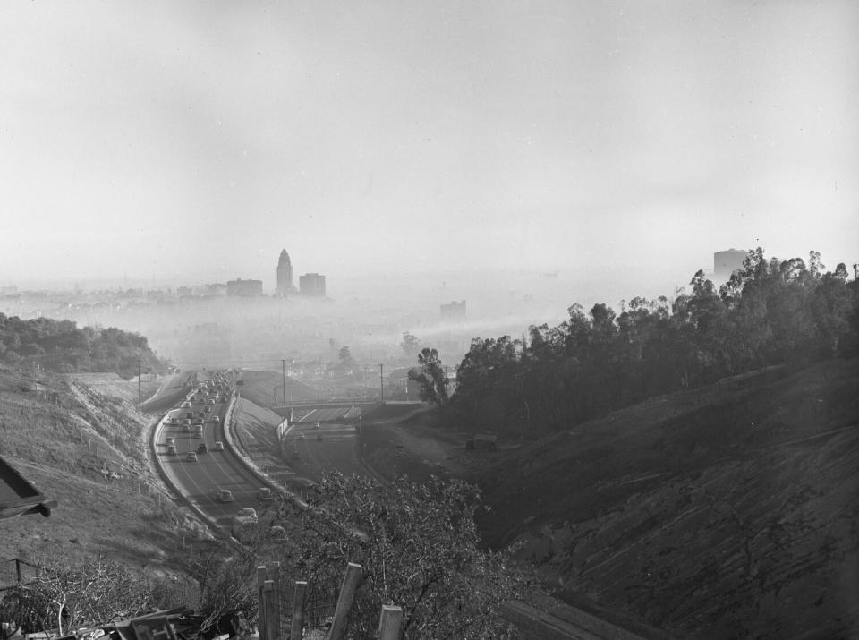 A view of the L.A. skyline shrouded in smog in 1948.