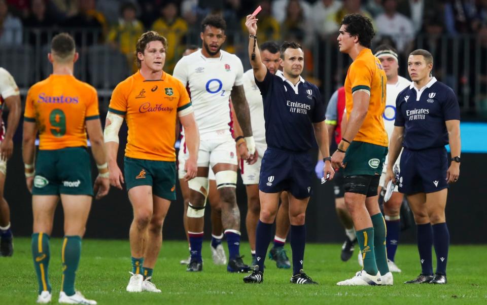 Wallabies lock Darcy Swain is shown a red card - AP