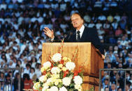 <p>Rev. Billy Graham is shown preaching to 24,000 people in Tacoma’s New Dome Stadium, May 16, 1983, in Tacoma, Wash. (Photo: Dave Ekren/AP) </p>